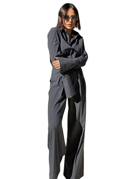 Grey Pinstripe CEO Shirt Long Sleeve Jumpsuit One Piece