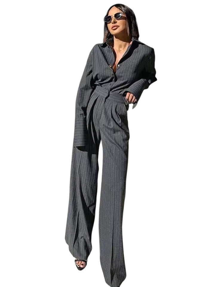 Grey Pinstripe CEO Shirt Long Sleeve Jumpsuit One Piece