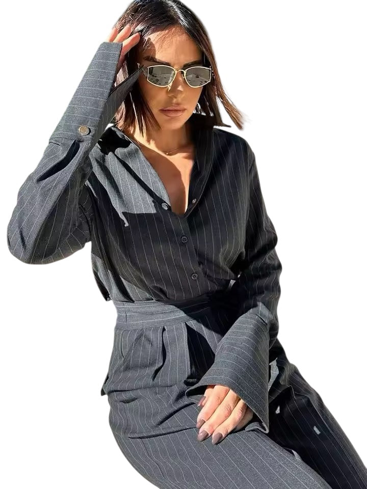 Grey Pinstripe CEO Shirt Long Sleeve Jumpsuit One Piece