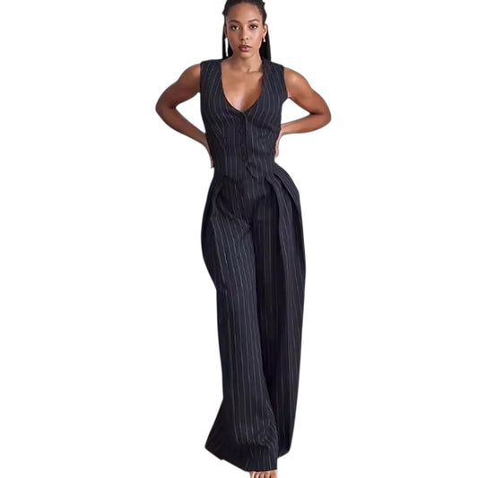 Grey Pinstripe 2 Piece Vest Trouser Korean Style Office Set