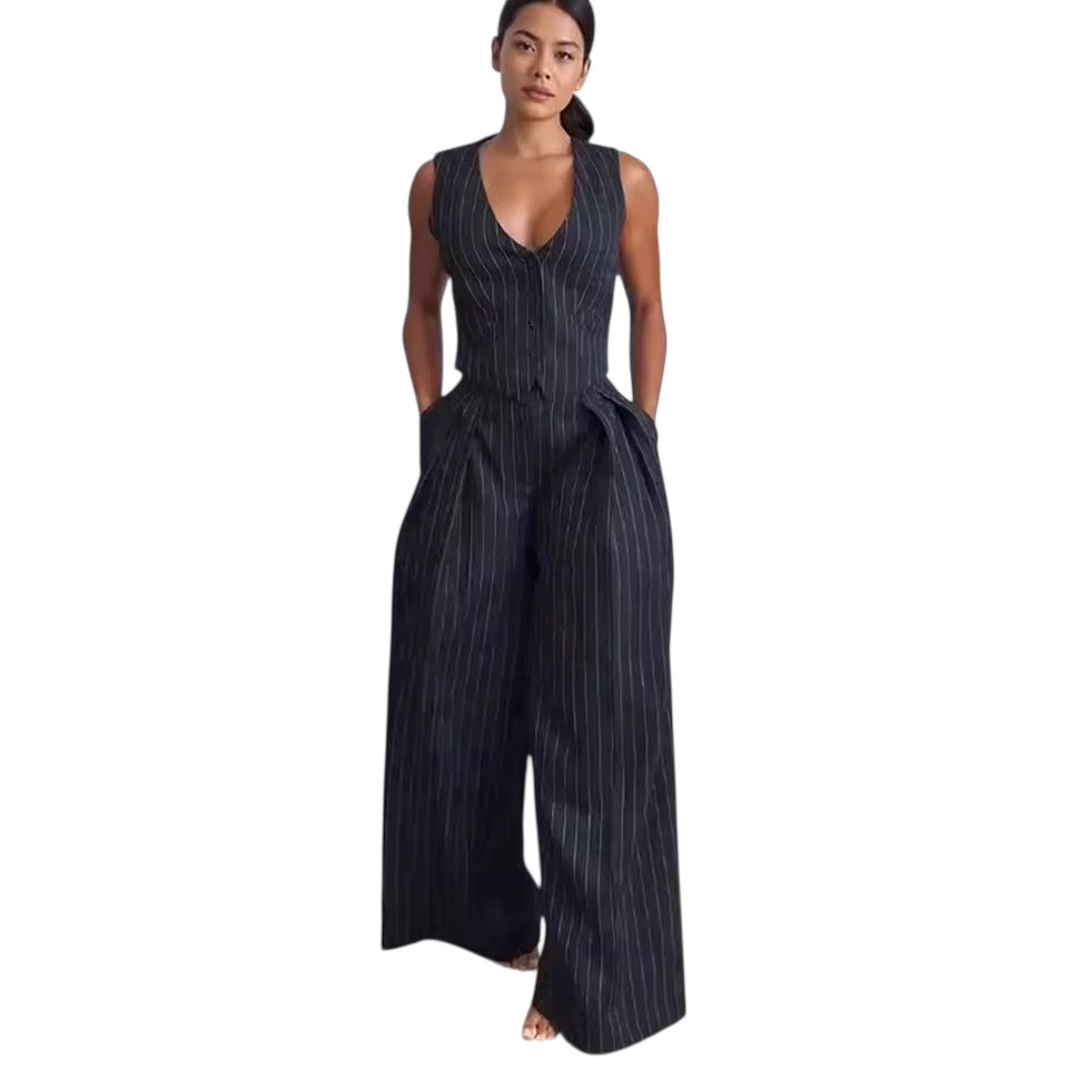 Grey Pinstripe 2 Piece Vest Trouser Korean Style Office Set