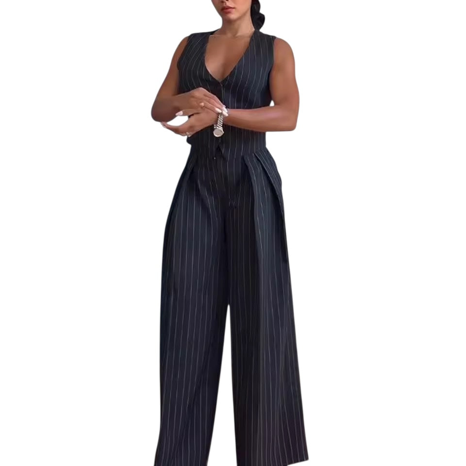 Grey Pinstripe 2 Piece Vest Trouser Korean Style Office Set