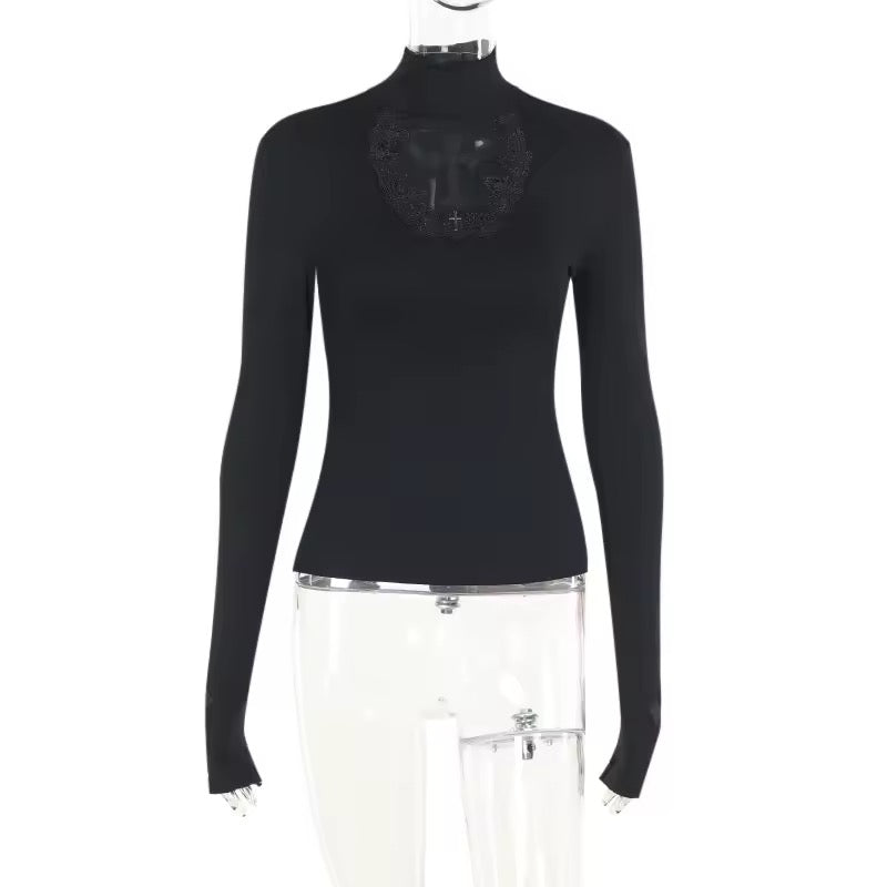 Black Priestess Gothic Mesh Cross Long Sleeve Top