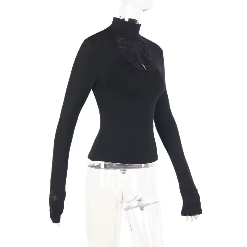 Black Priestess Gothic Mesh Cross Long Sleeve Top