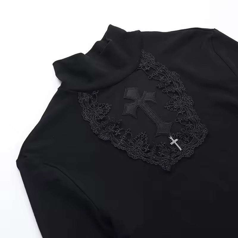 Black Priestess Gothic Mesh Cross Long Sleeve Top