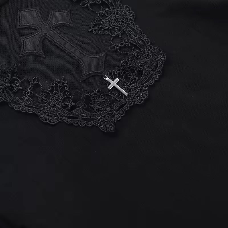 Black Priestess Gothic Mesh Cross Long Sleeve Top