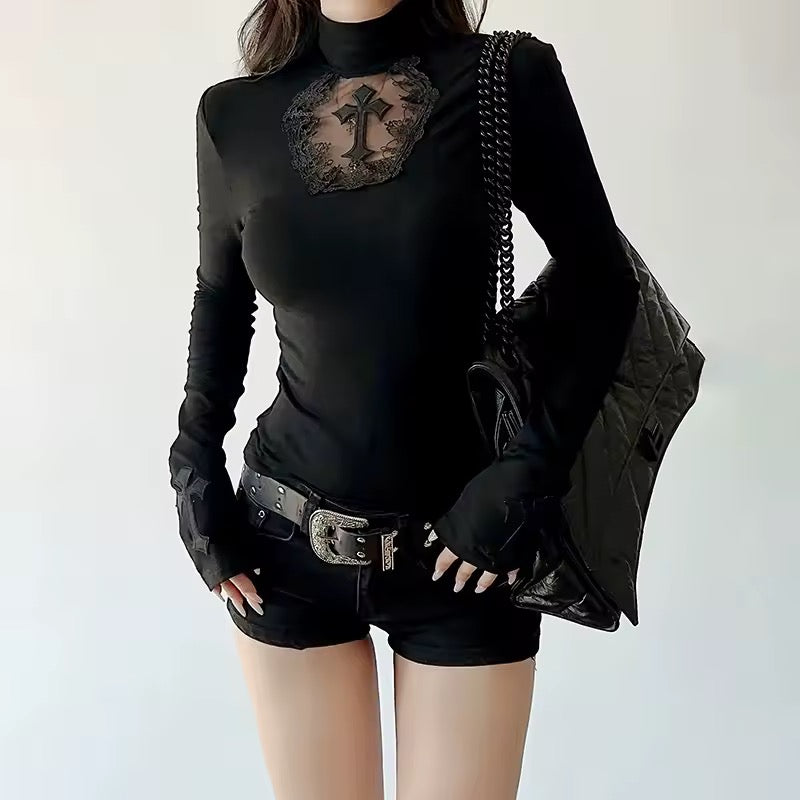 Black Priestess Gothic Mesh Cross Long Sleeve Top