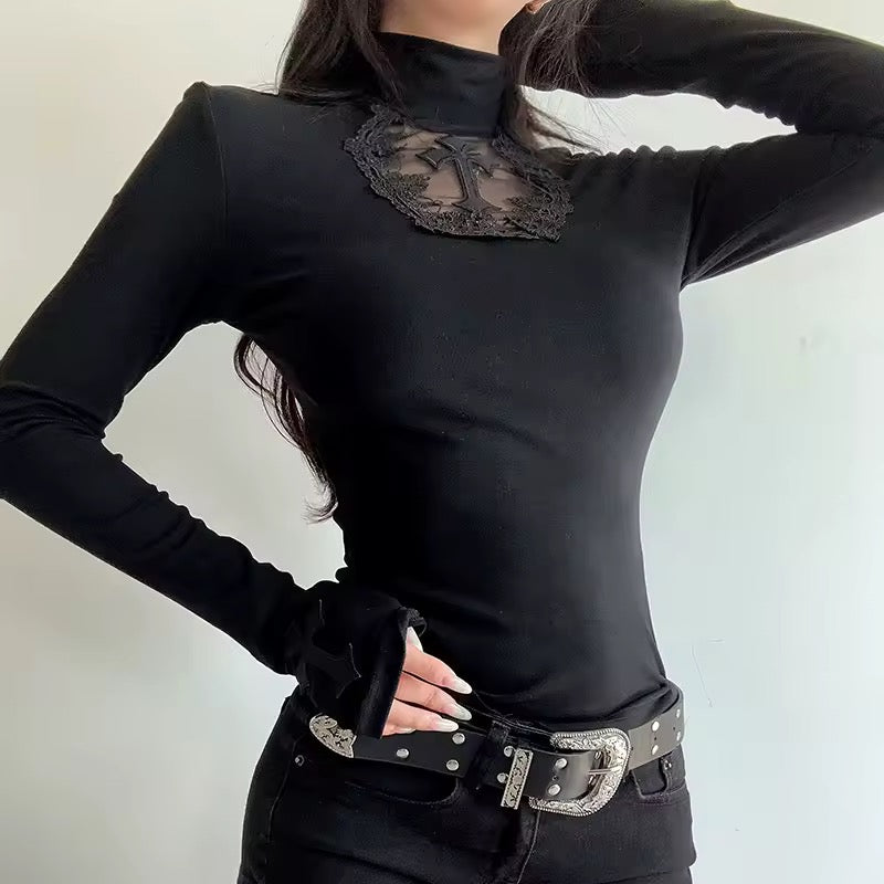 Black Priestess Gothic Mesh Cross Long Sleeve Top
