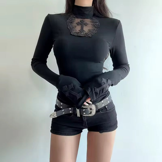 Black Priestess Gothic Mesh Cross Long Sleeve Top