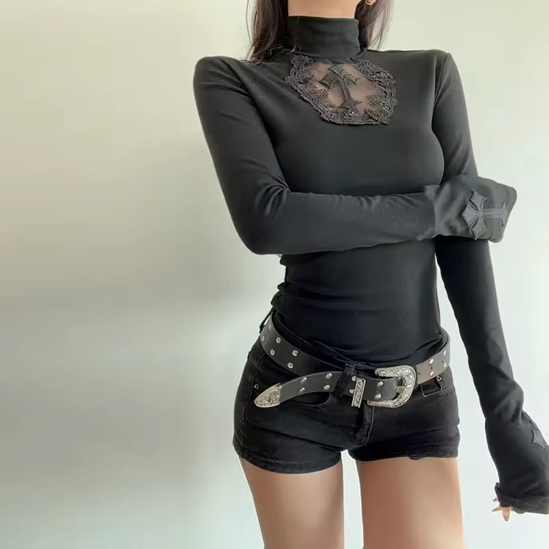 Black Priestess Gothic Mesh Cross Long Sleeve Top