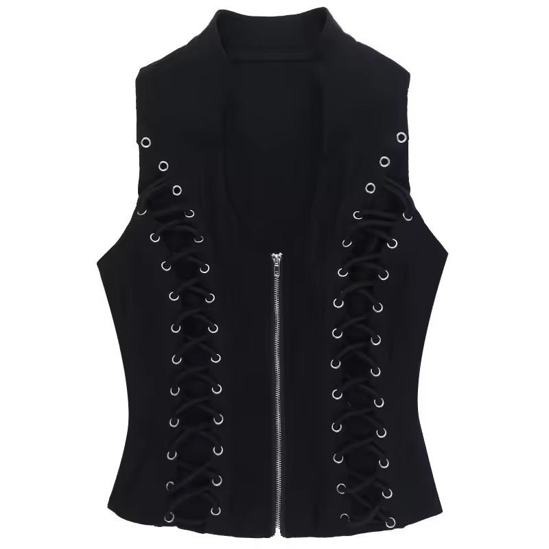 Black Corporate CEO Goth Sleeveless Lace Up Vest Top