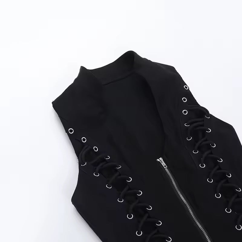 Black Corporate CEO Goth Sleeveless Lace Up Vest Top
