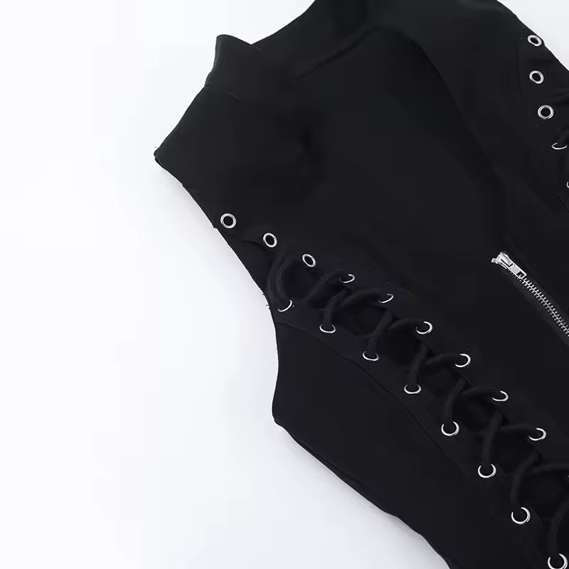 Black Corporate CEO Goth Sleeveless Lace Up Vest Top