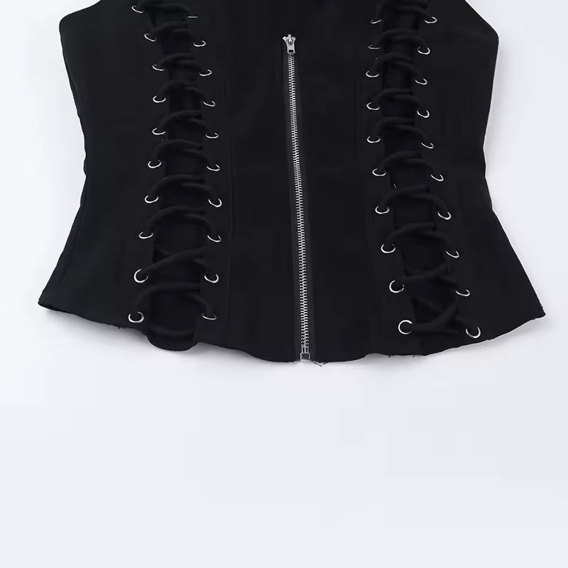 Black Corporate CEO Goth Sleeveless Lace Up Vest Top