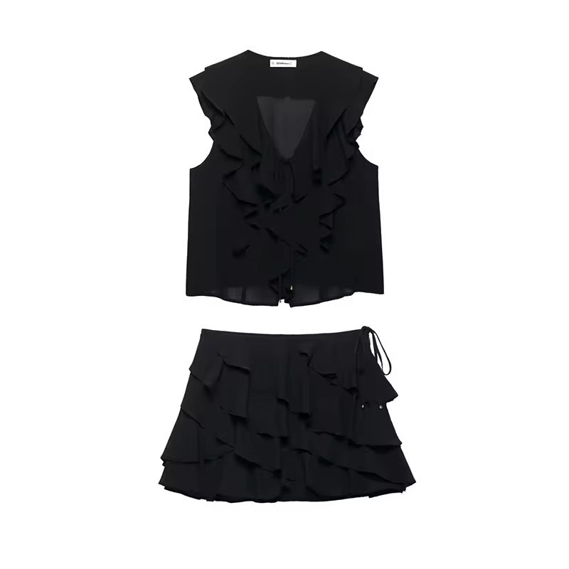 Black Dark Romance 2 Piece Gothic Chiffon Vest Skirt Set