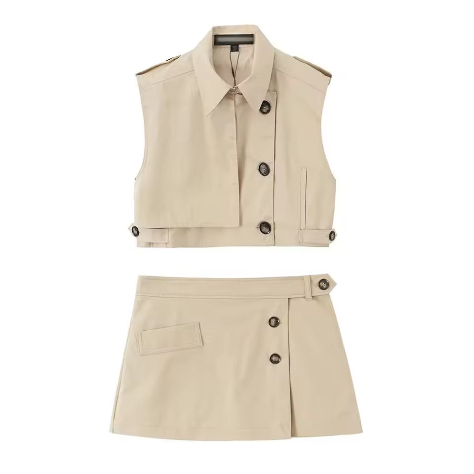 Cream Utility Office 2 Piece Vest Skirt Co-Ord Set