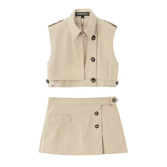 Cream Utility Office 2 Piece Vest Skirt Co-Ord Set