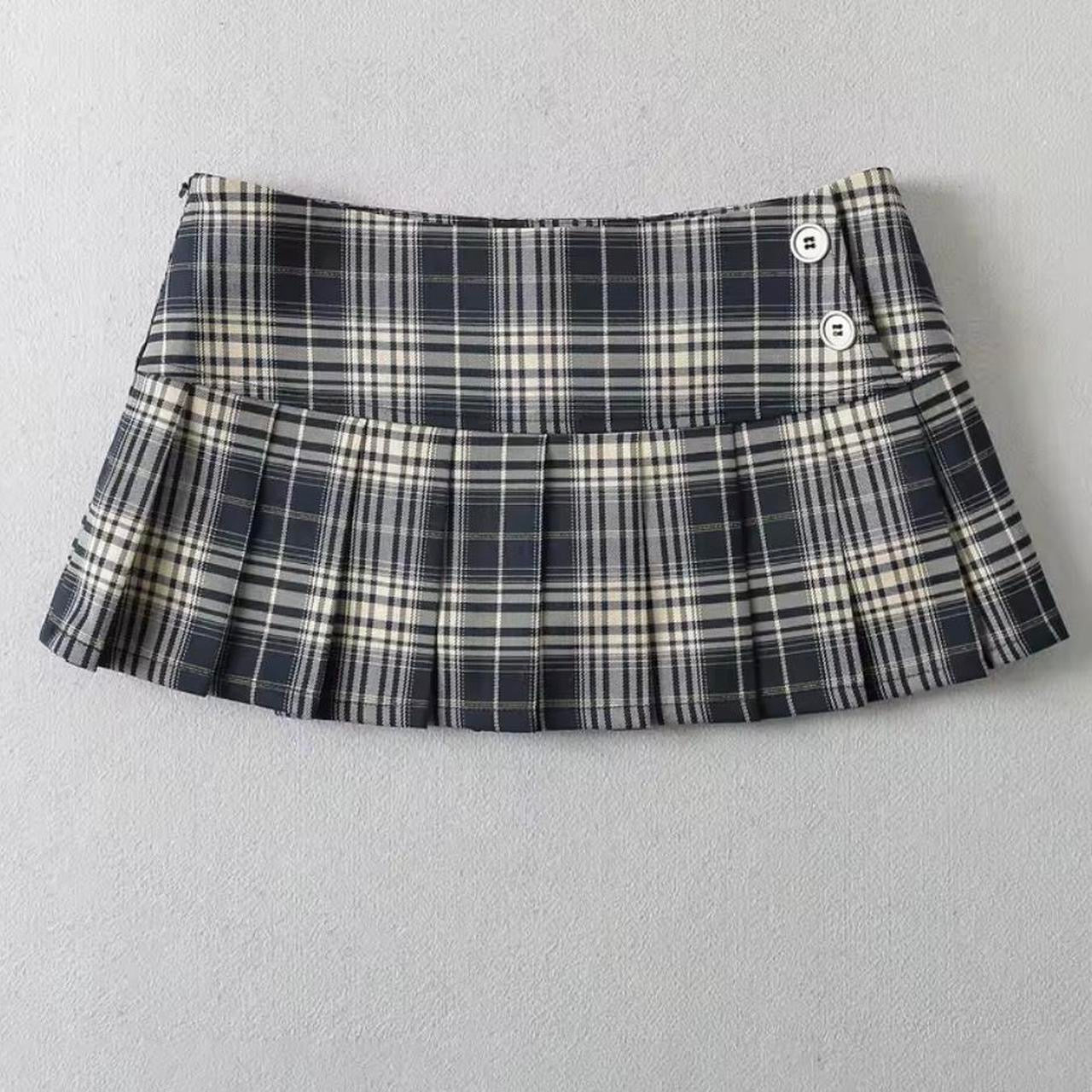 Cream And Navy Y2k Tartan Micro Mini Skirt