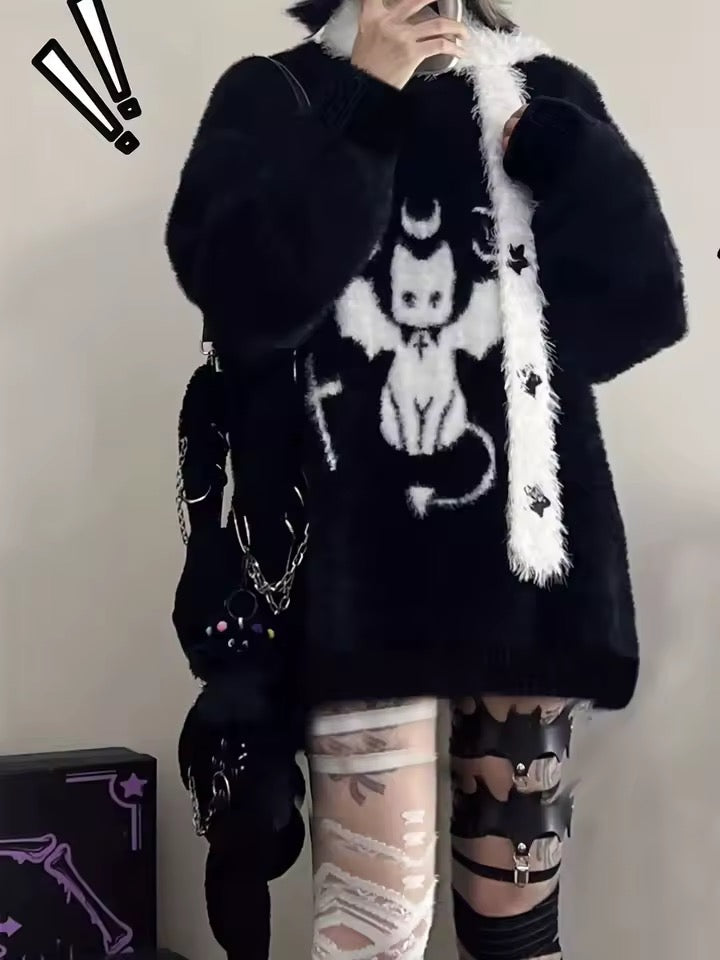 Black Gothic Satans Familiar Cat Oversized Knitted Jumper