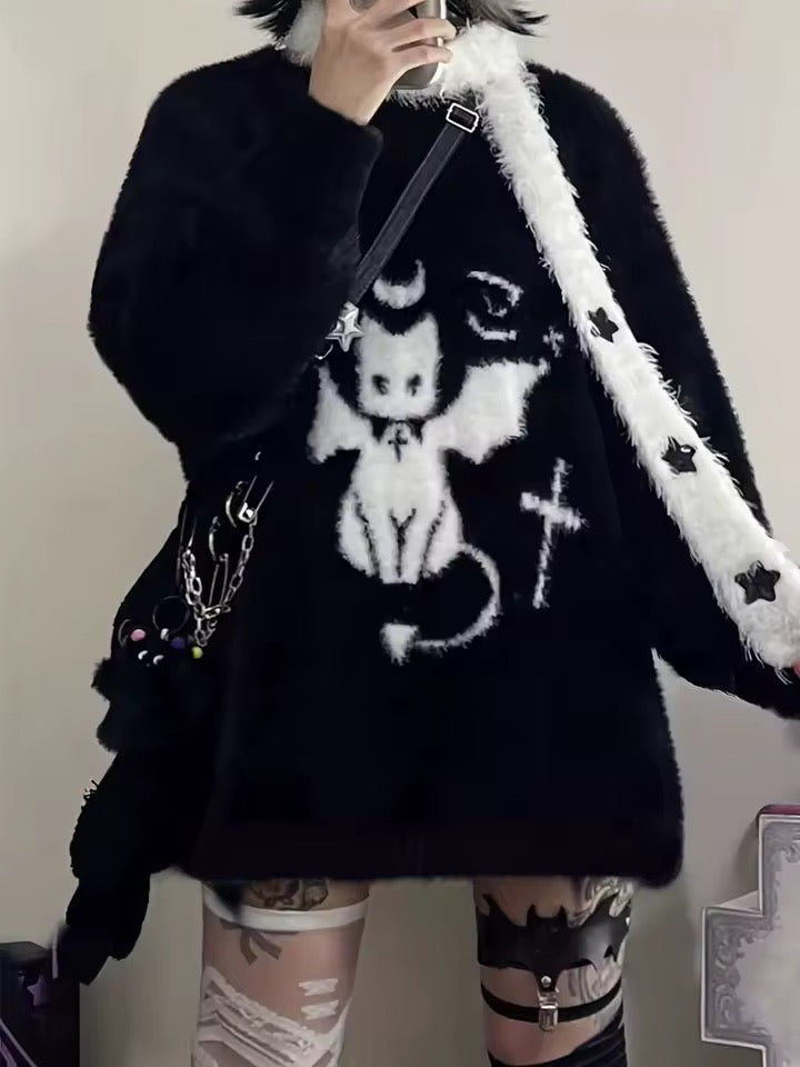 Black Gothic Satans Familiar Cat Oversized Knitted Jumper