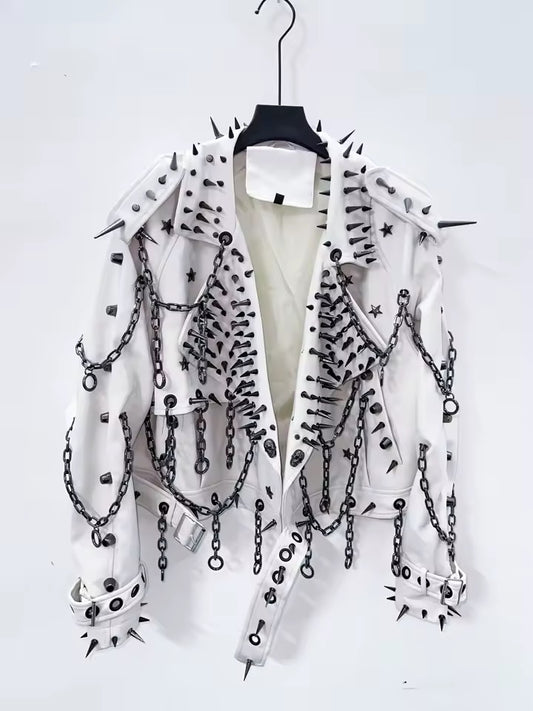 White Faux Leather Punk Spike Chain Jacket
