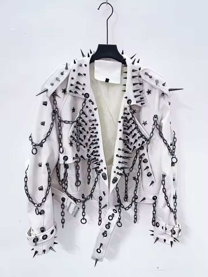 White Faux Leather Punk Spike Chain Jacket