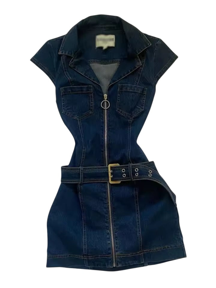 Blue Denim Y2k Belt Mini Minimalist Dress