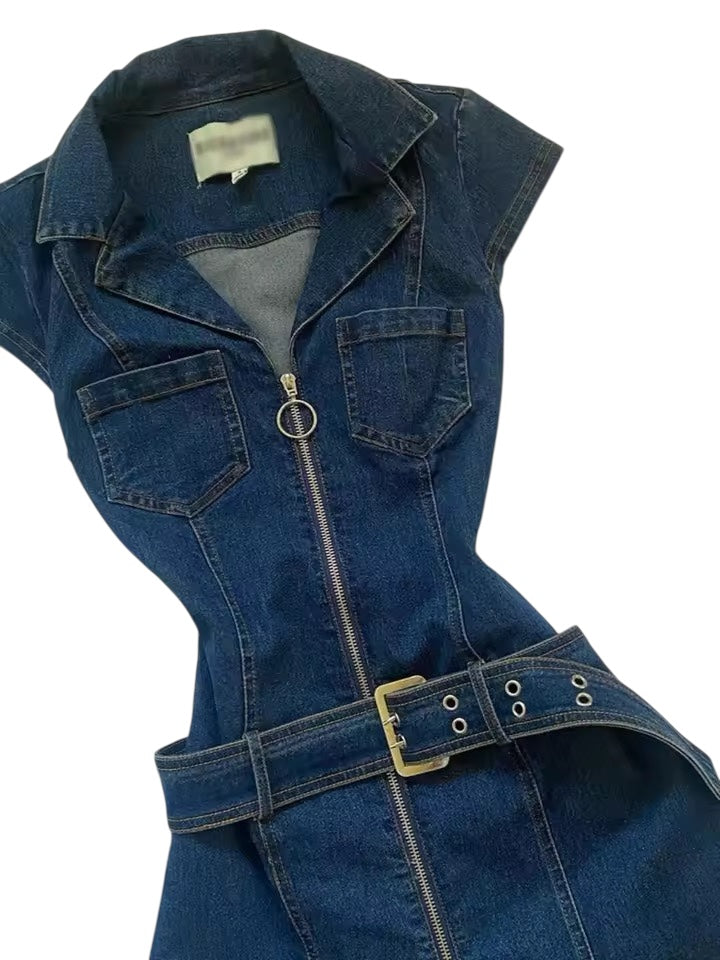 Blue Denim Y2k Belt Mini Minimalist Dress