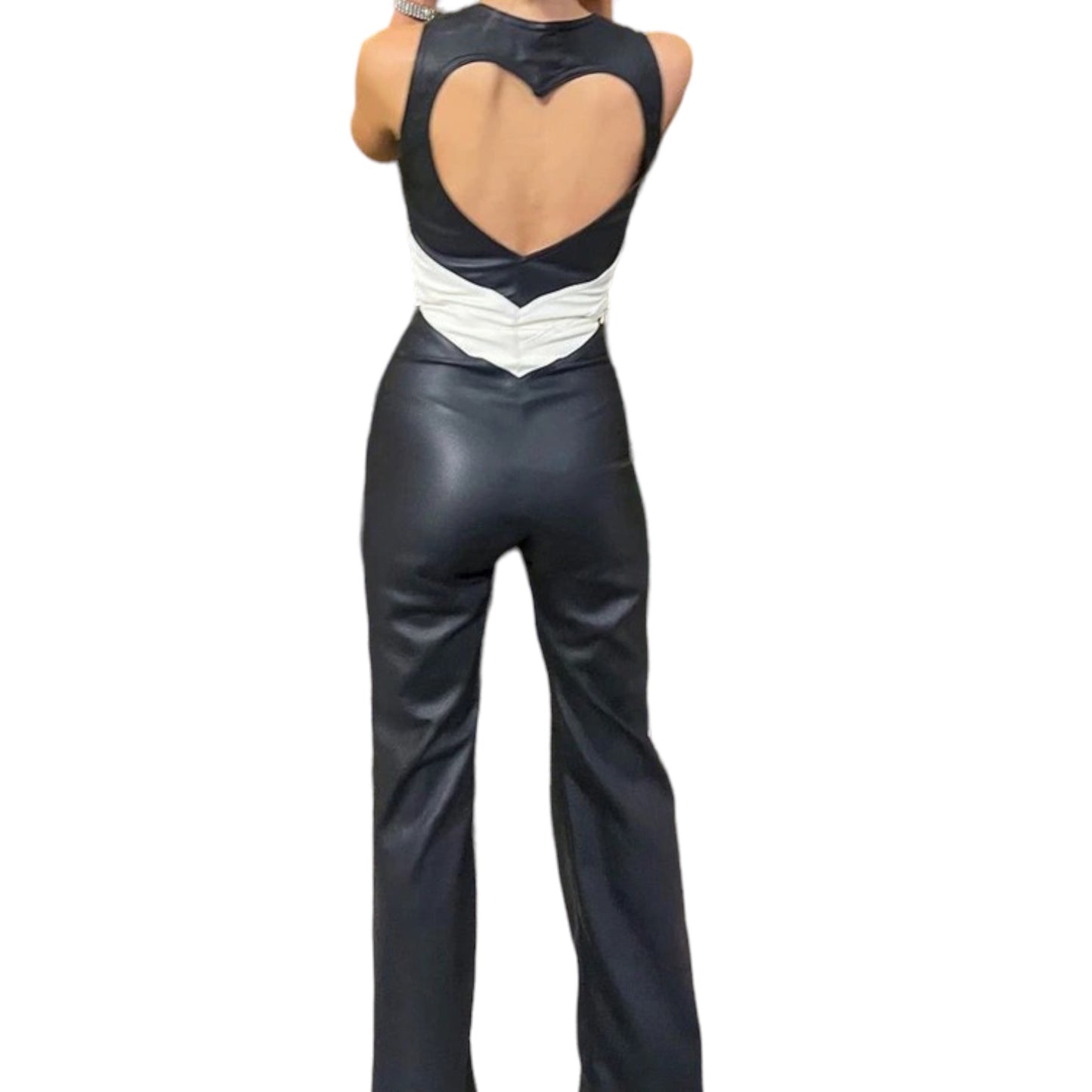Black Faux Leather Heart Backless Motocross Jumpsuit