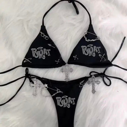 Black Y2K Brat Rhinestone Punk Bikini Set