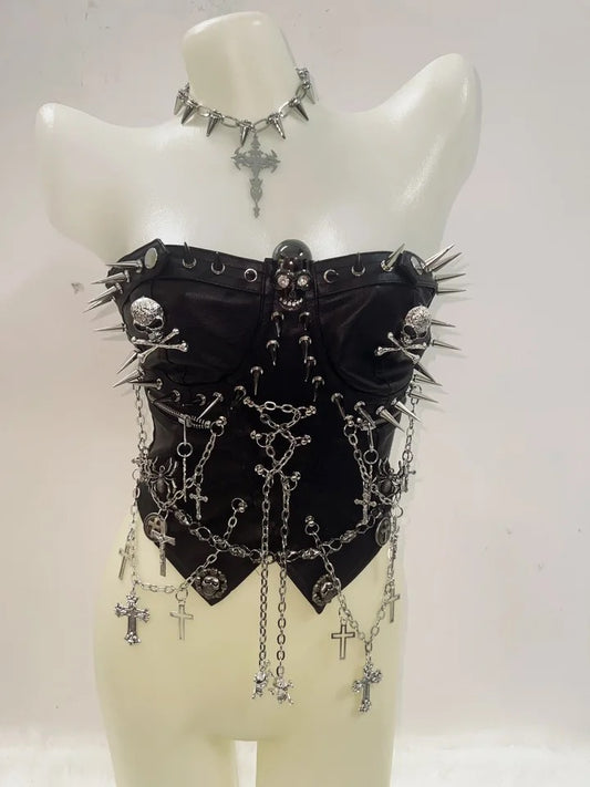 Black Punk Studded Chain Corset Crop Top