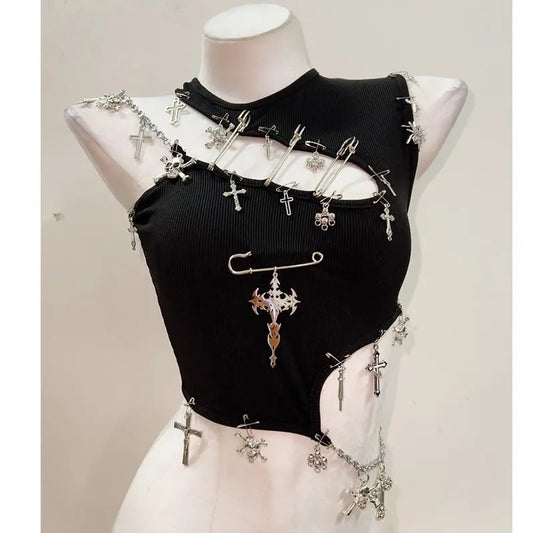 Black Cut Out One Shoulder Punk Chain Crop Top