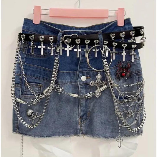 Blue Denim Punk Chain Mini Skirt