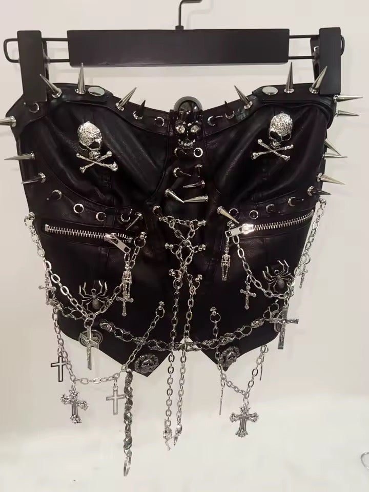 Black Punk Skull Charm Chain Strapless Utility Corset Top