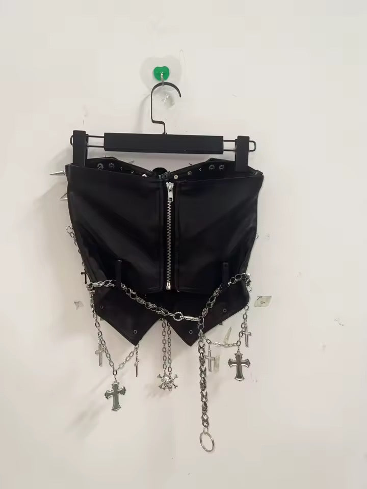 Black Punk Skull Charm Chain Strapless Utility Corset Top