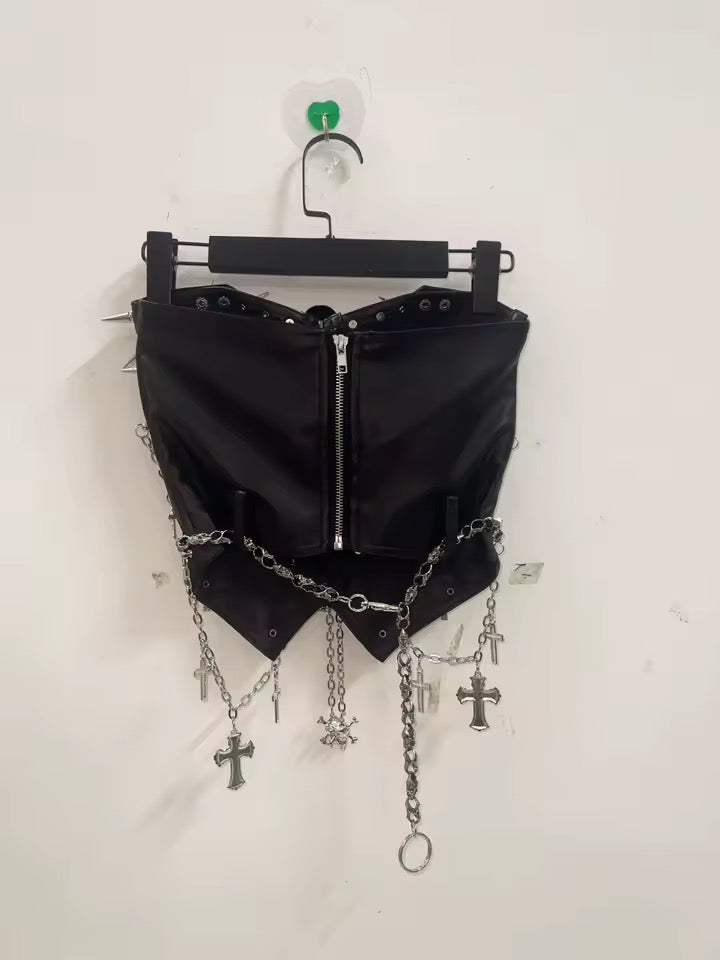 Black Punk Skull Charm Chain Strapless Utility Corset Top