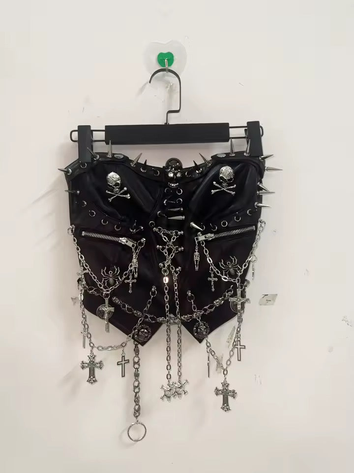 Black Punk Skull Charm Chain Strapless Utility Corset Top
