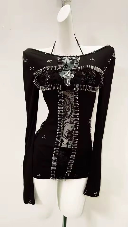 Black Dark Empress Cross Gothic Long Sleeve Tank Top