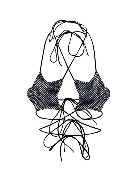 Black Rhinestone Star Shaped Halterneck Rave Bralet
