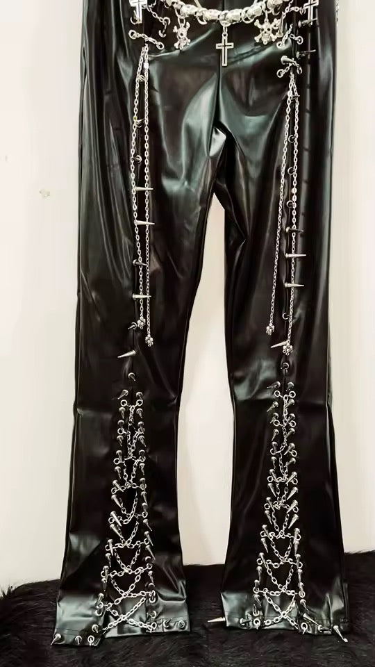Black Faux Leather Flare Punk Chain Belt Spike Trousers