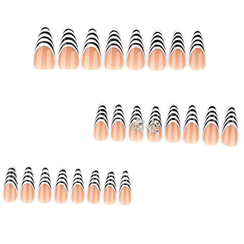 White And Black Stripe French Top Long Star False Nails
