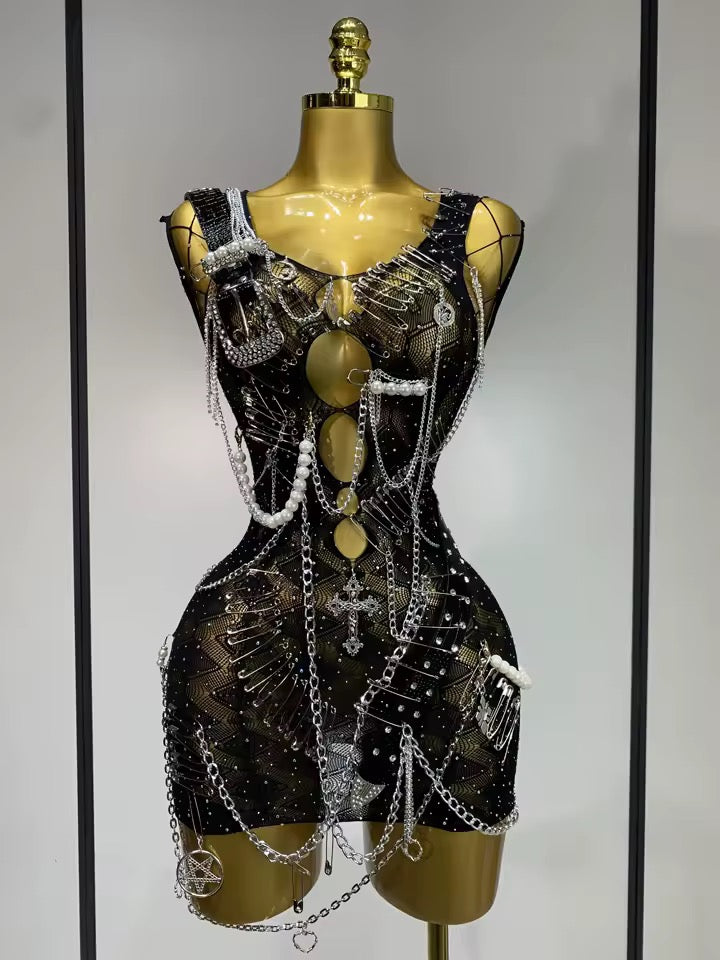 Black Mesh Ultimate Punk Charm Mini Chain Dress