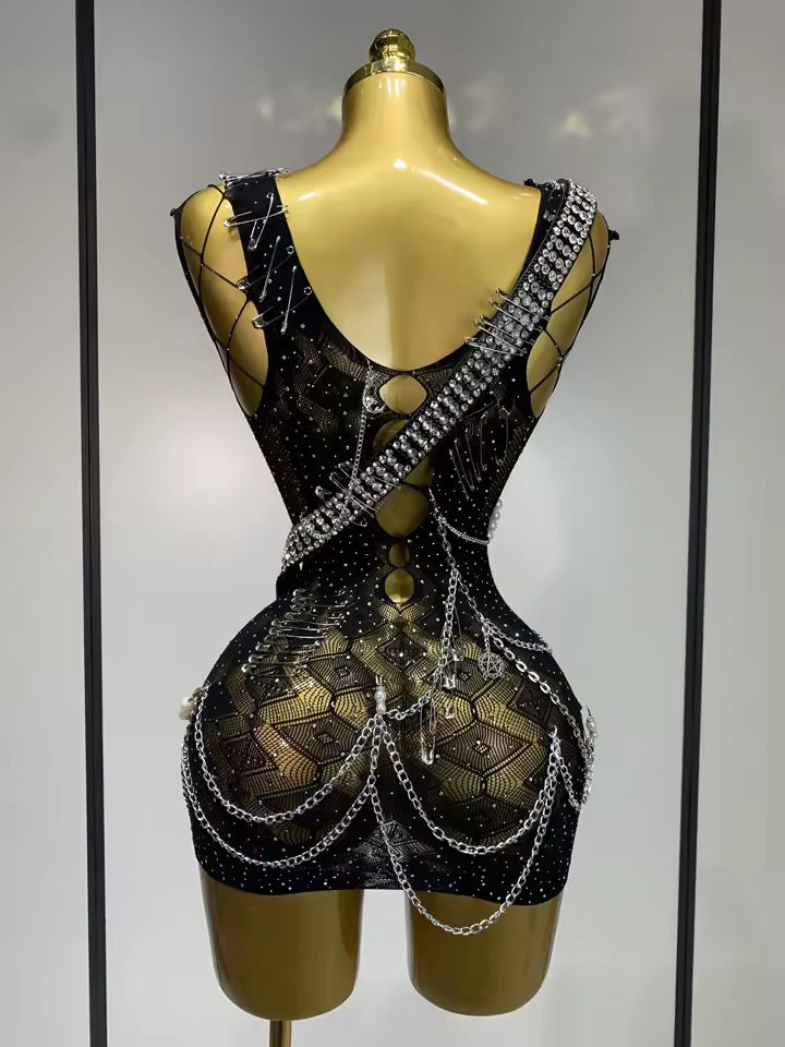 Black Mesh Ultimate Punk Charm Mini Chain Dress