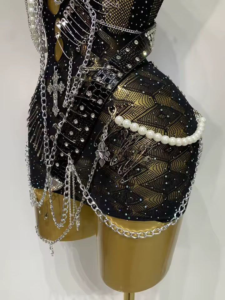 Black Mesh Ultimate Punk Charm Mini Chain Dress