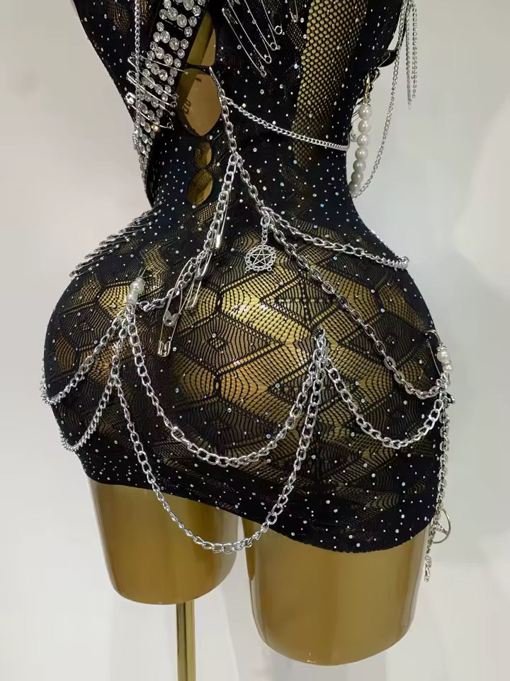 Black Mesh Ultimate Punk Charm Mini Chain Dress