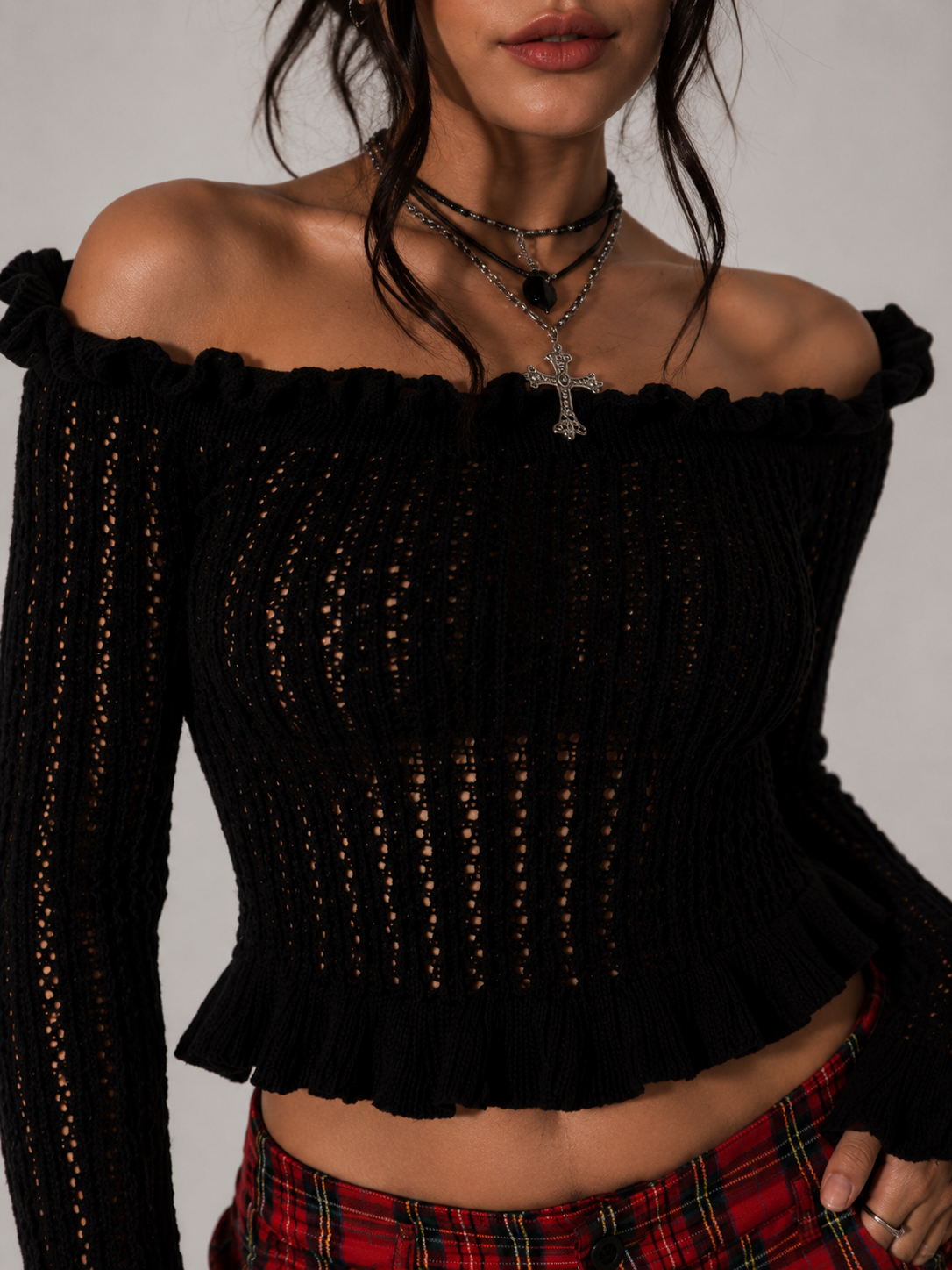 Black Knitted Off Shoulder Ruffle Long Sleeve Cropped Jumper