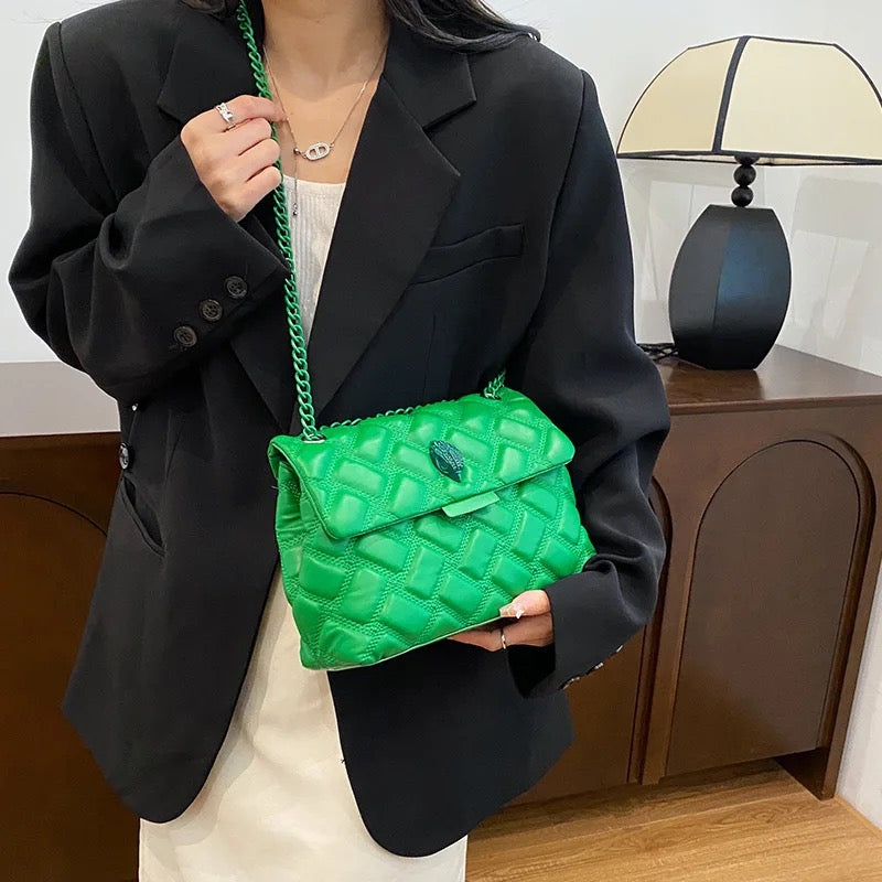 Green Faux Leather Quilted Chain Luxury Handbag