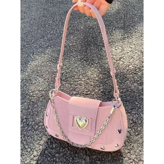 Pink Lolita Heart Studded Chain Shoulder Bag