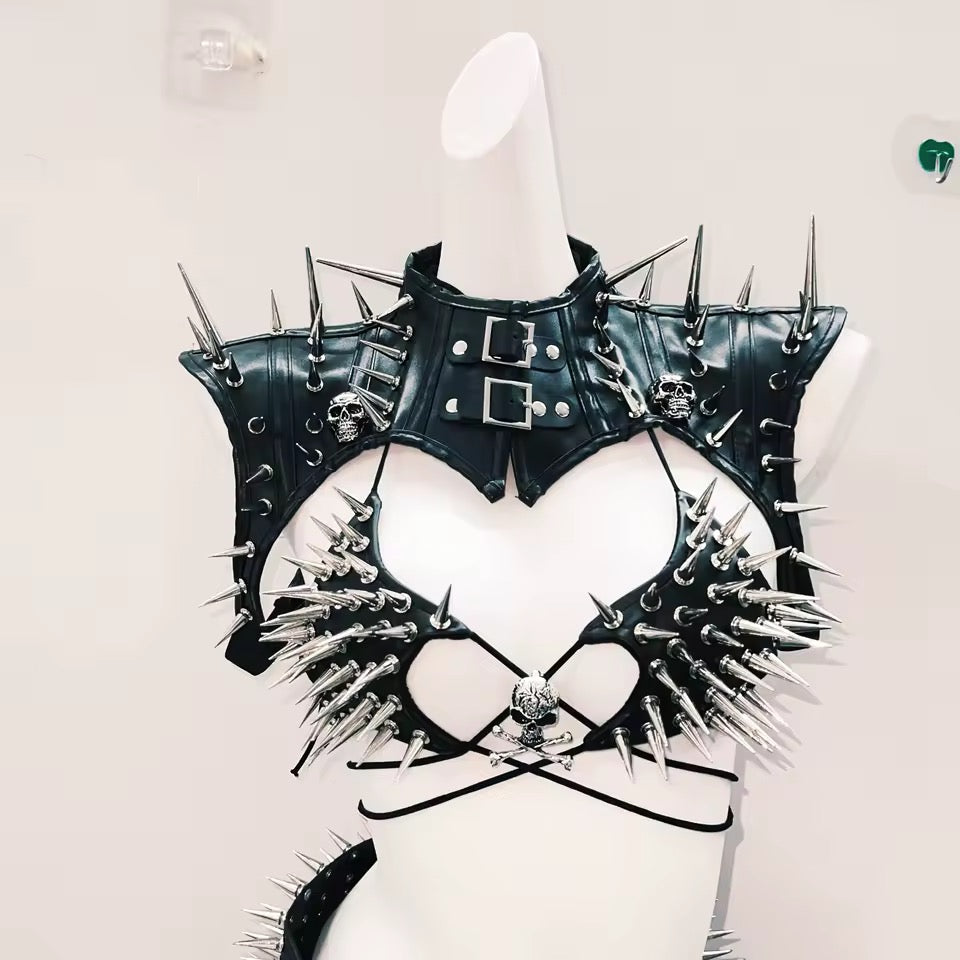 Black Faux Leather Silver Spike Skull Star Bra Top
