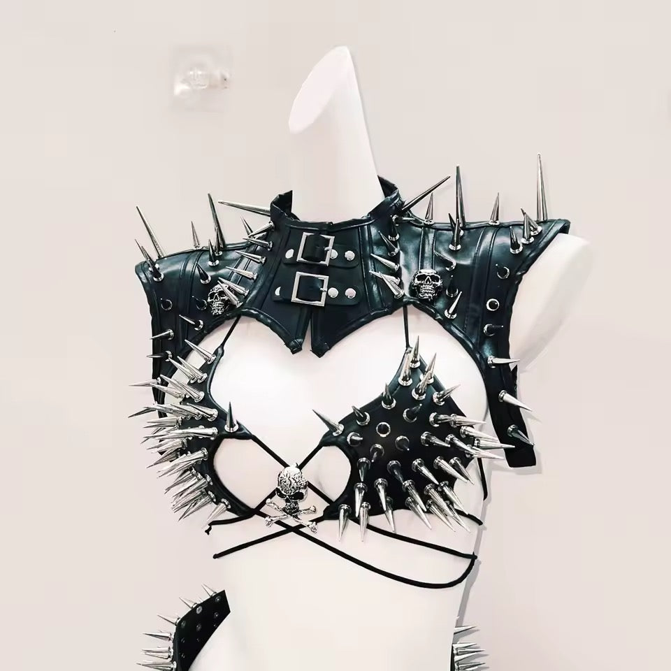 Black Faux Leather Choker Spike Bolero Shoulder Harness